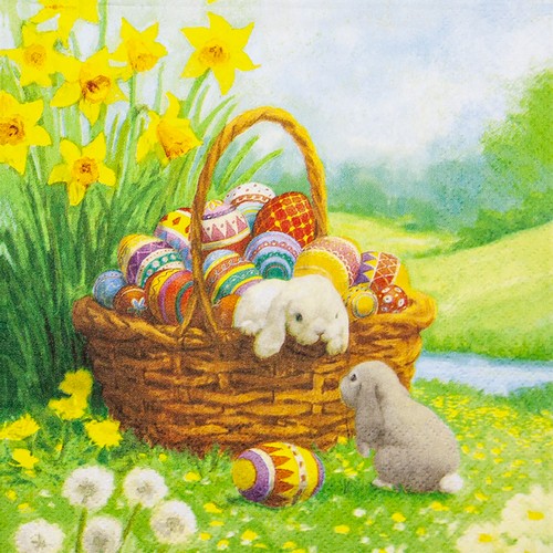 20 Servietten Best Bunny - Osterkorb an Narzissen 33x33cm