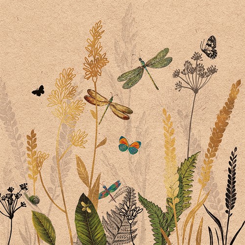 20 Servietten aus 80% Recycling-Papier Ornamental Flowers nature - Naturbelassene Wiese mit Libellen nature 33x33cm