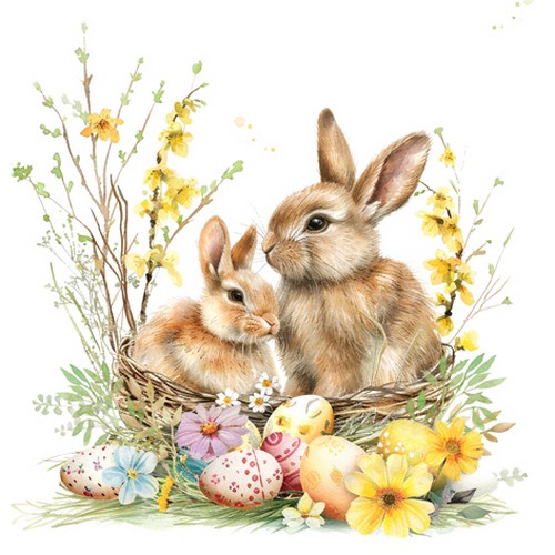 20 Servietten Bunnies in a Basket - Hasenpaar im Osternest 33x33cm