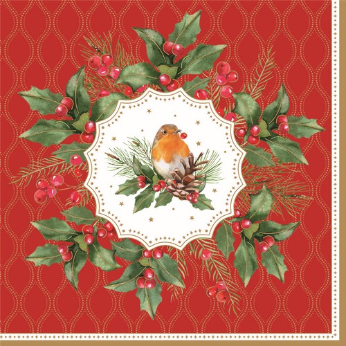 20 Servietten Christmas Berries - Rotkehlchen inmitten von Ilex 33x33cm