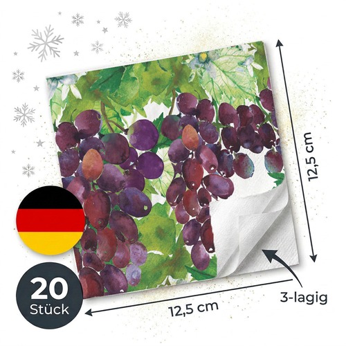 20 kleine Cocktailservietten Vineyard Elegance - Schön gemalte Weintrauben 25x25cm