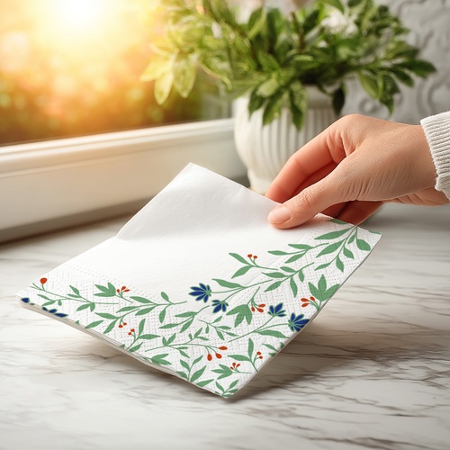 20 kleine Cocktailservietten Flora - Viele grüne Blätter mit Blüten 25x25cm