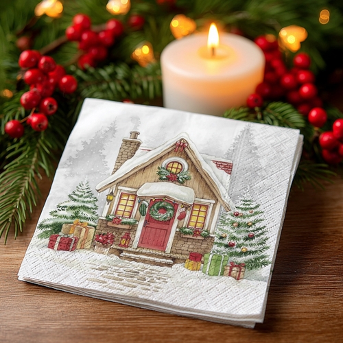Gestapelte Cocktailservietten „Festive House“ auf Holztisch mit Kerzenlicht und winterlichem Tannengrün – Weihnachts-Tischdeko von IHR
