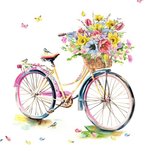 20 Servietten Viaggio di Primavera - Frühlingsblumen auf Fahrrad 33x33cm