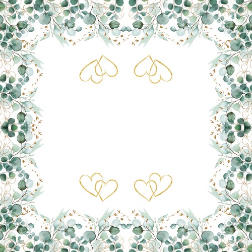 50 Servietten Eucalyptus Frame Hearts - Eukalyptus Bordüre Herzen 40x40cm