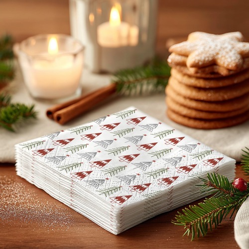 20 kleine Cocktailservietten Fun trees Red - Gemalte Weihnachtsbäume rot-grün 25x25cm