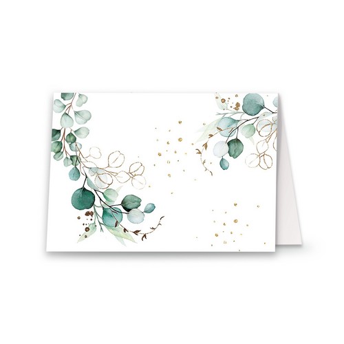 20 Tischkarten Eucalyptus Golden Hearts - Herzen um Eukalyptus weiß A7, 10,5cm, Höhe 7,4cm
