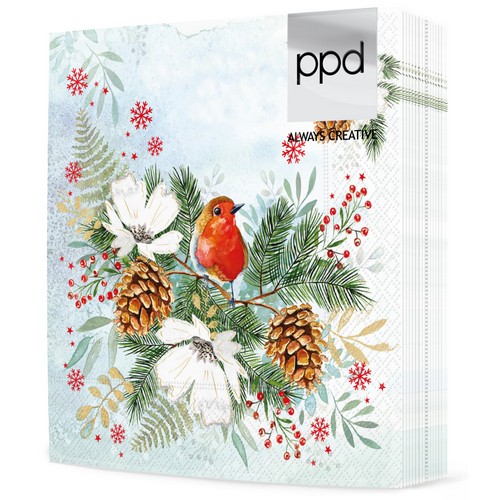 20 Servietten Winter Birdy - Rotkehlchen im Wintergesteck 33x33cm