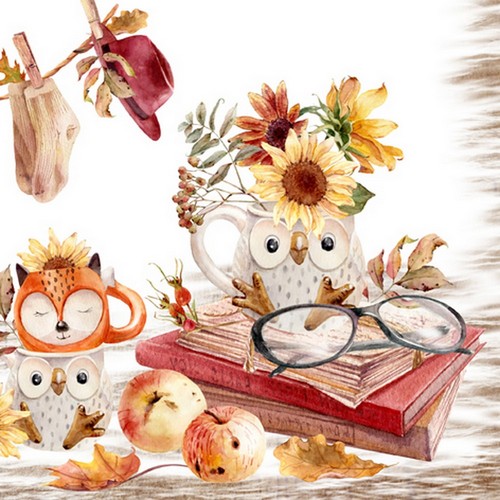 20 Servietten Owl & Fox - Herbsttassen mit Tiermotiv 33x33cm
