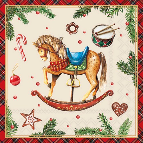 20 Servietten Classic rocking Horse cream - Schaukelpferd mit Weihnachtselemente 33x33cm