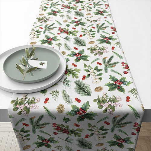 Tischläufer aus Baumwolle Winter Greenery white - Zweige, Zapfen und Beeren im Winter 40x150cm