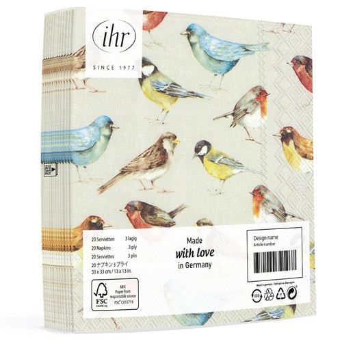 20 Servietten The Birds - Vogelarten auf taupe 33x33cm