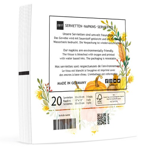 20 Servietten Pumpkin Flair white - Kürbisse im Herbstkranz 33x33cm