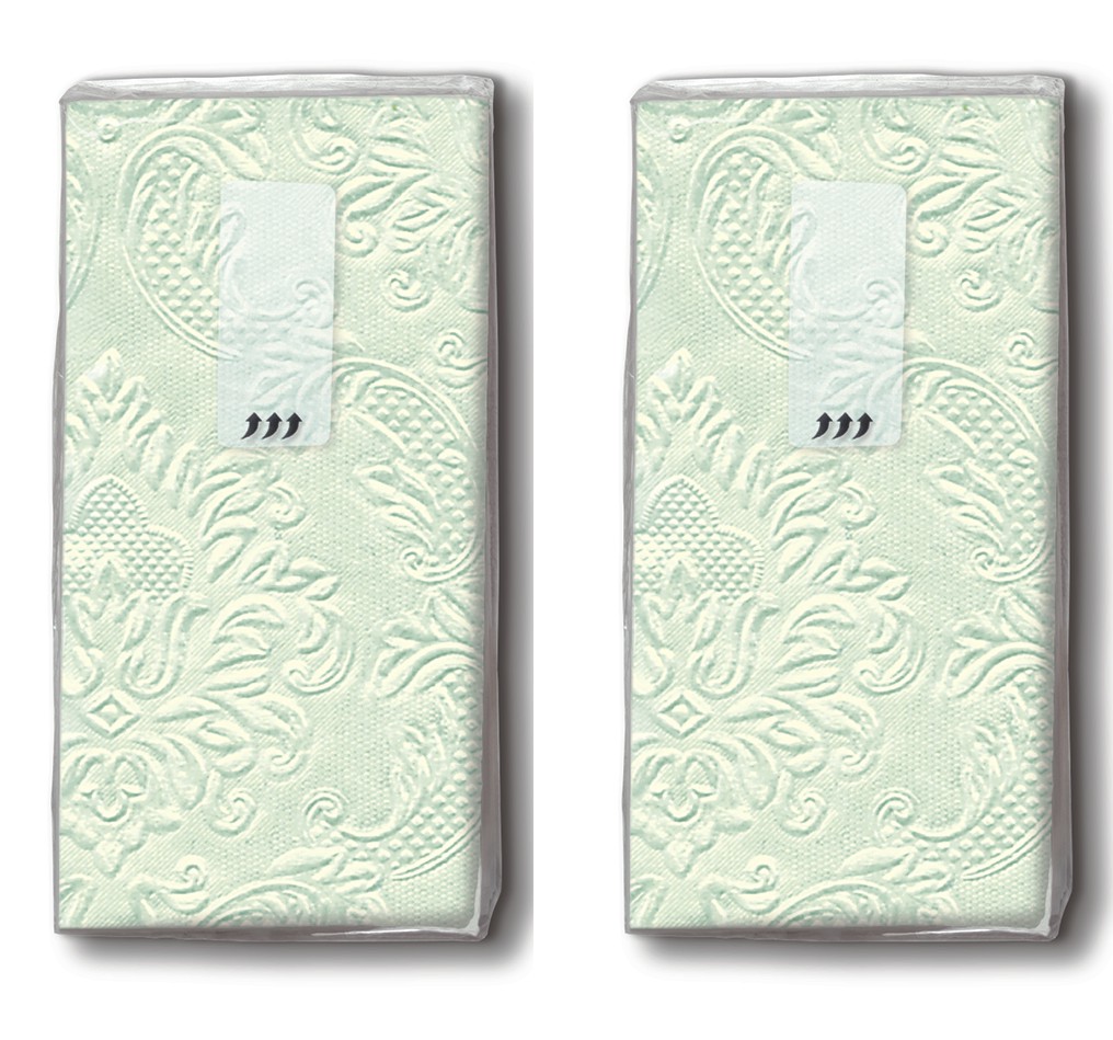 2x 10 Taschentücher Moments Ornament pale green - Uni pastellgrün mit Ornamente geprägt