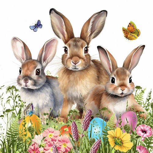 20 Servietten Easter Hello - Hasenfamilie im Blumenfeld 33x33cm