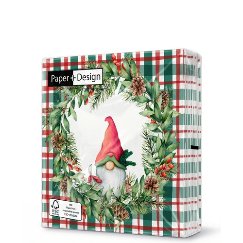 20 kleine Cocktailservietten Xmas check - Gnom auf Karo 25x25cm