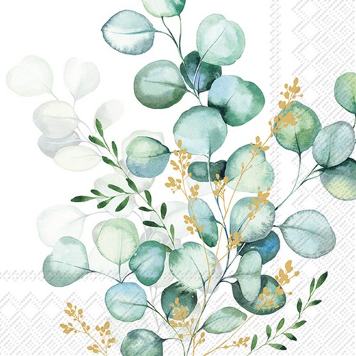 20 Servietten Eucalyptus Bouquet gold - Eleganter Strauß vom Eukalyptus 33x33cm