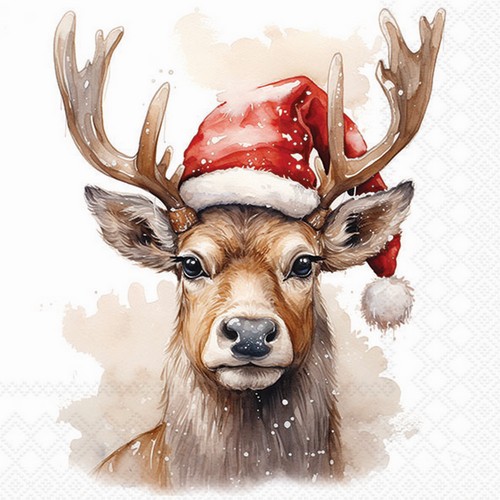 20 Servietten Deer with Santa hat white - Hirsch mit Weihnachtsmütze 33x33cm