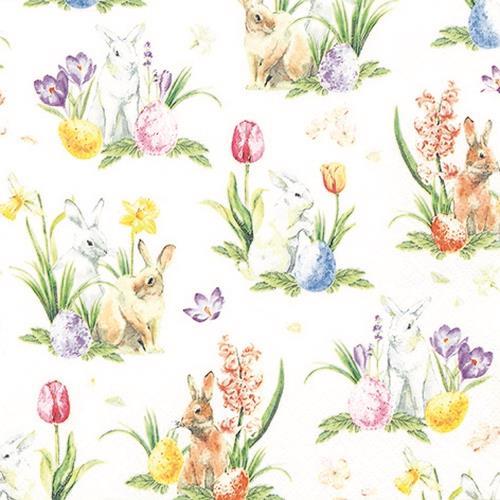 20 Servietten World of Easter - Kleine Hasen an Frühlingsblumen 33x33cm