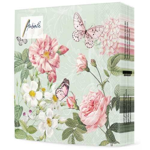 20 Servietten Amelia green - Schmetterlinge an Sommerblumen grün 33x33cm