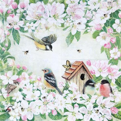 20 Servietten Birds and Blossoms - Vogelhaus an Blüten 33x33cm
