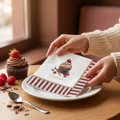 20 Servietten Sweet Moments - Cupcake an Bordüre 33x33cm
