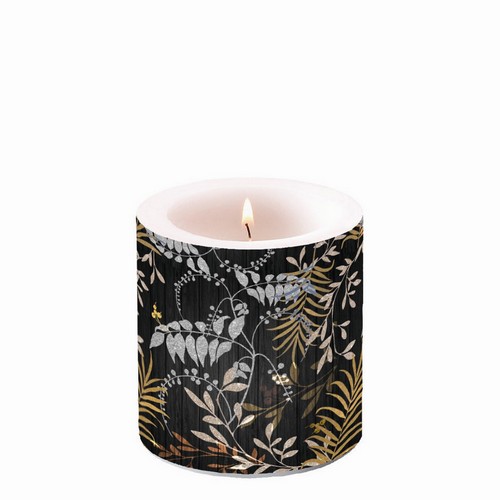Kerze rund klein Luxury Leaves black - Edle Blätterzusammenstellung Ø 7,5cm, Höhe 9cm