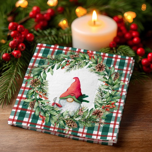 20 kleine Cocktailservietten Xmas check - Gnom auf Karo 25x25cm