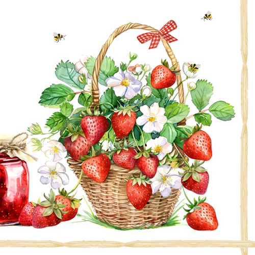 20 Servietten Fraises dans une Corbeille - Erdbeeren im Korb 33x33cm
