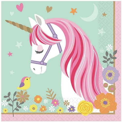 16 Servietten Magical Unicorn - Einhorn mit Vogel 33x33cm