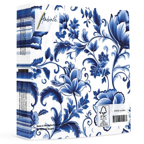 20 Servietten Delft Blue Florals - Blaue Blumenkunst 33x33cm