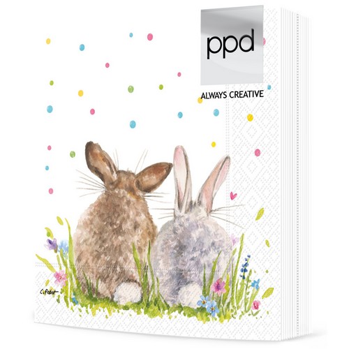 20 Servietten Easter Party - Hasenpaar im Gras mit bunten Punkten 33x33cm