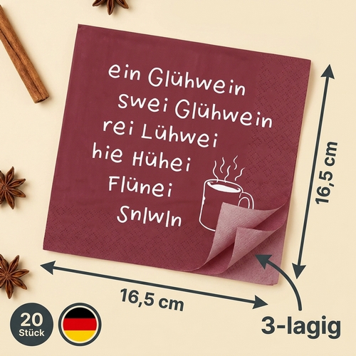 20 Servietten ein Glühwein rot - Zu viel Glühwein rot 33x33cm