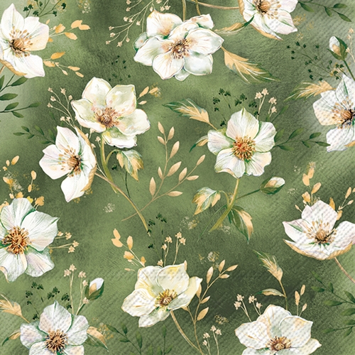 20 Servietten Golden Gala green - Kleine Weihnachtsrosen auf grün 33x33cm