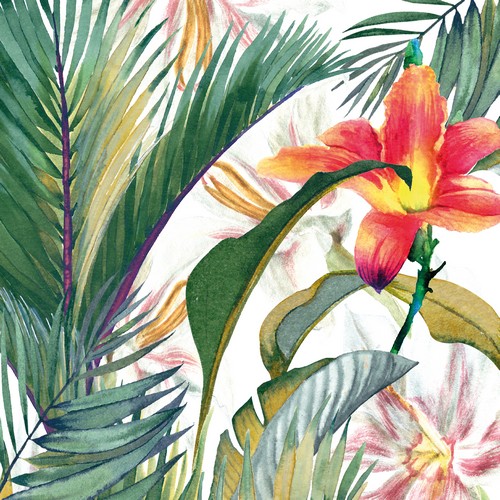 20 Servietten Tropical Paradise - Tropische Blüte um Blätter 33x33cm