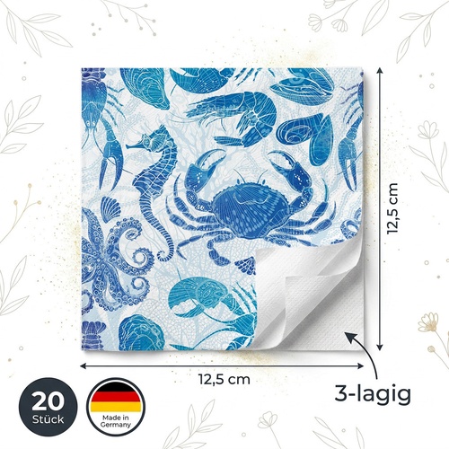 20 kleine Cocktailservietten Lobster Party - Unterwassertiere in Blau 25x25cm