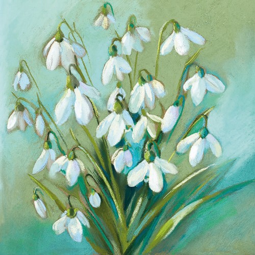 20 Servietten Snowdrops in Winter - Schneeglöckchen auf grün  33x33cm