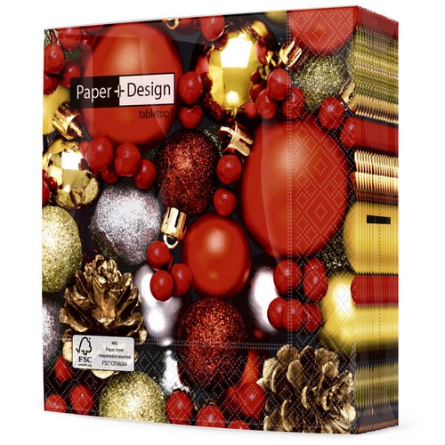 20 Servietten Deck the Halls - Weihnachtsschmuck rot 33x33cm