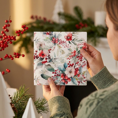 20 Servietten Winter Berries - Frostige Winterbeeren und Blätter 33x33cm