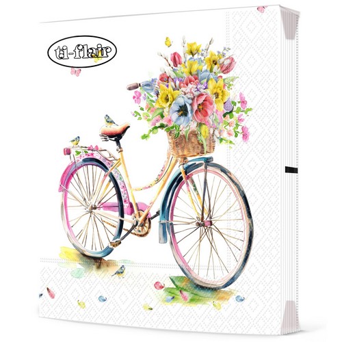 20 Servietten Viaggio di Primavera - Frühlingsblumen auf Fahrrad 33x33cm