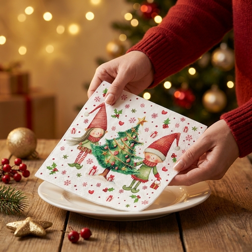 20 Servietten Elves by the Tree - Weihnachtswichtel an Tannenbaum 33x33cm