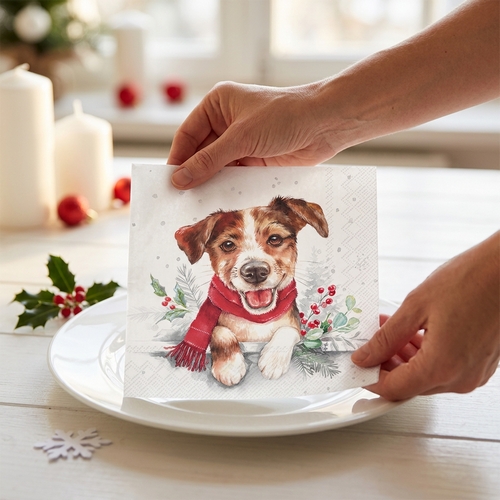20 Servietten Louie - Niedlicher Hund mit Schal 33x33cm
