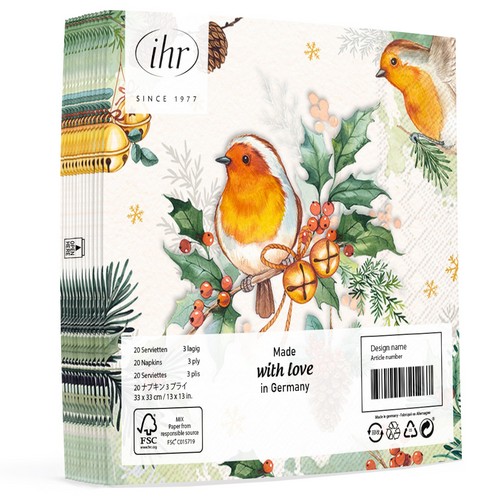 20 Servietten Robins Melody cream - Rotkehlchen an Weihnachtszweig 33x33cm