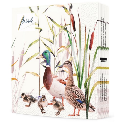 20 Servietten Ducks Couple - Wildenten mit Küken 33x33cm