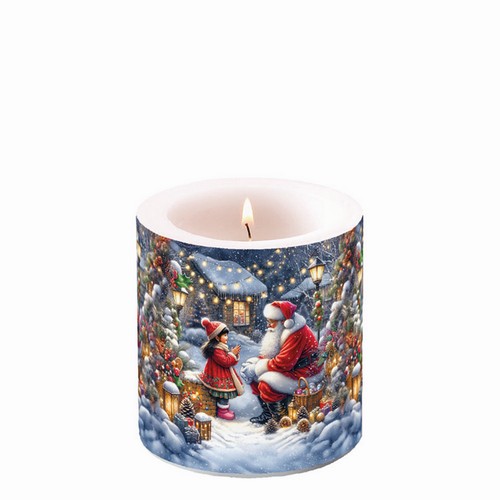 Kerze rund klein Talking to Santa - Santa spricht mit Mädchen Ø 7,5cm, Höhe 9cm