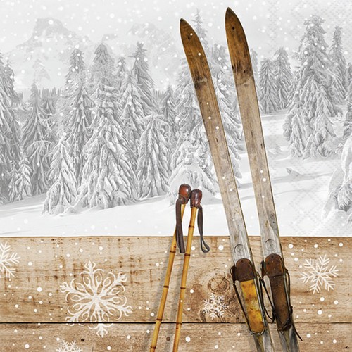 20 Servietten Retro Ski - Skier an Holz 33x33cm