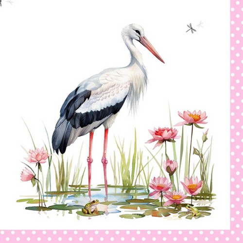 20 Servietten Stork & Frogs rose - Storch an Bordüre rosa 33x33cm