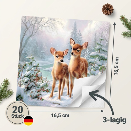 20 Servietten Olivia and Oliver - Reh-Paar im Winterwald 33x33cm