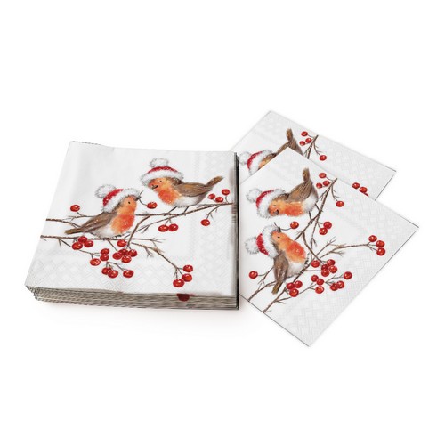 20 Servietten Christmas Robins white - Rotkehlchen mit Weihnachtsmütze 33x33cm
