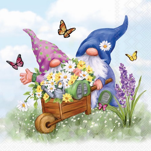 20 Servietten Gardening Gnomes - Wichtel mit Schubkarre voller Blumen 33x33cm